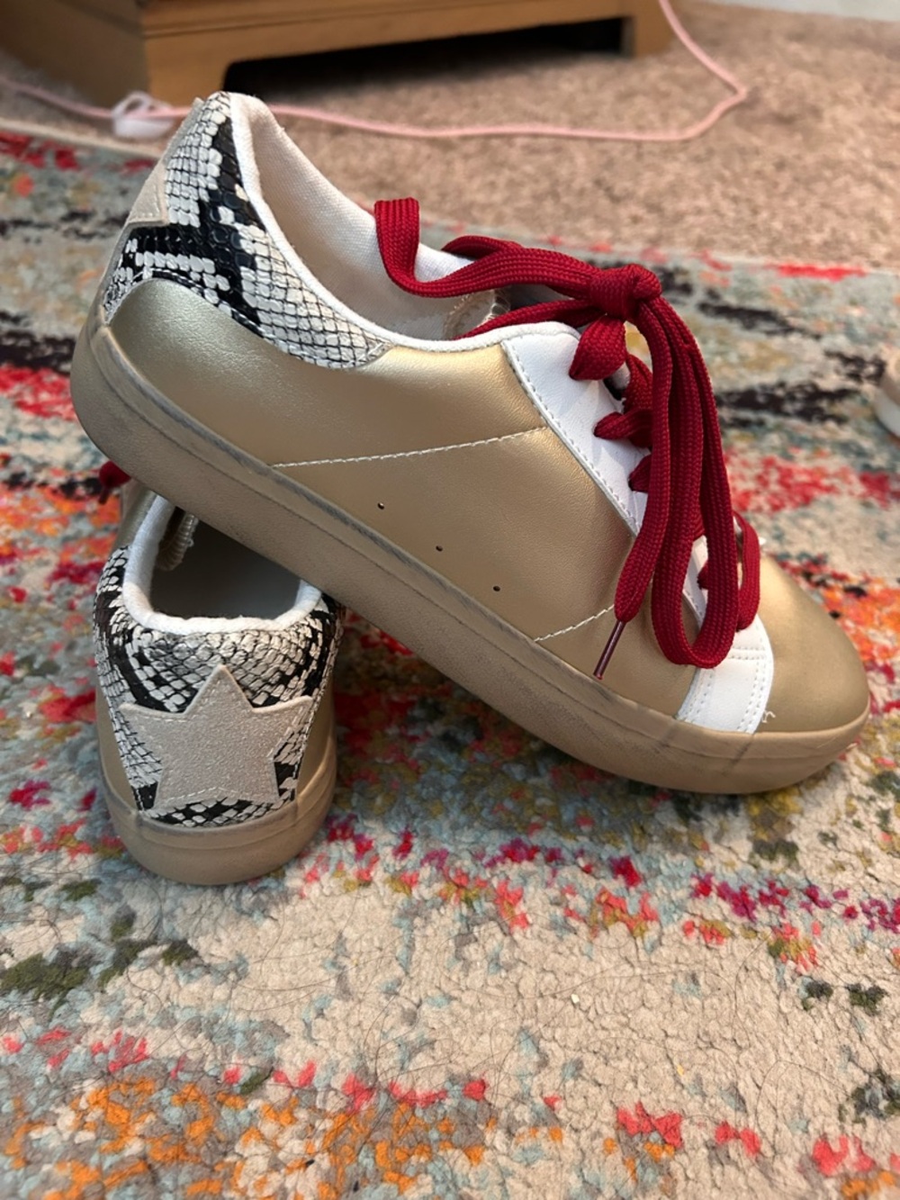 Yoki Gold Sneakers with Red Laces and Snake-Print Accents